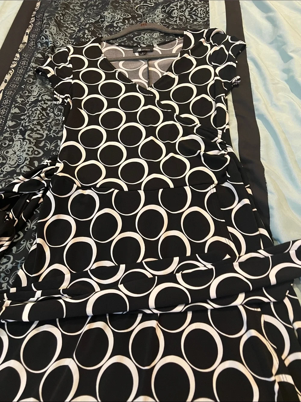 AB Studio Black & White Circle-Print Wrap-Style Midi Dress